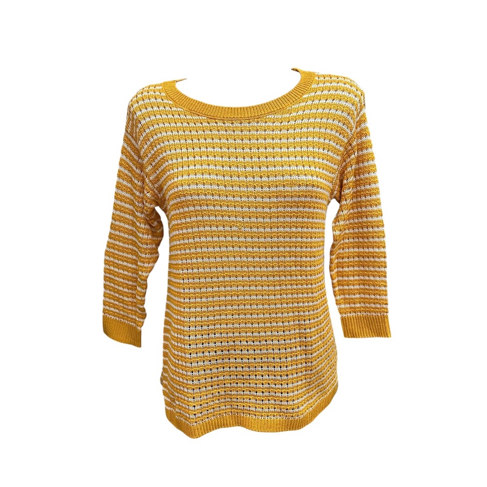Talbots Yellow Classic Striped Open Knit Crew‎ Neck Sweater Petite Small NEW